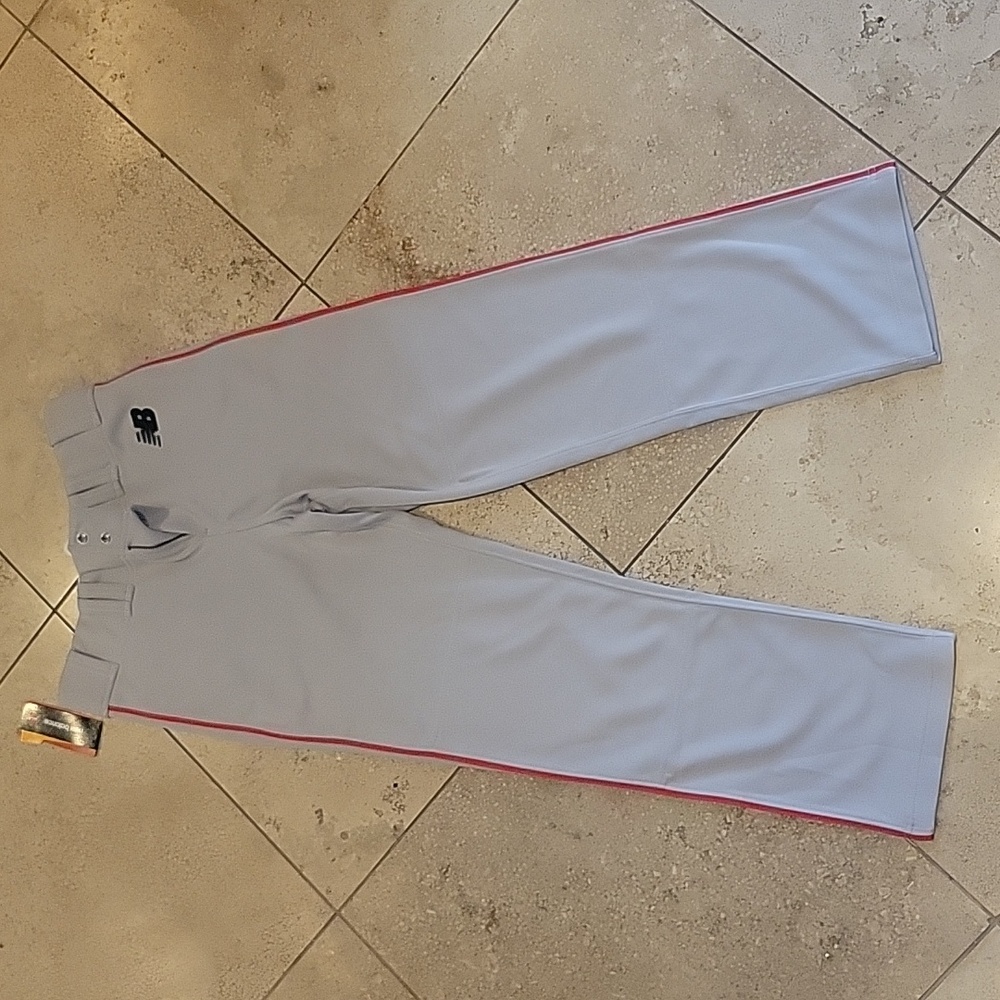 New Balance Boy's Light Gray Baseball Pants with Red Stripes